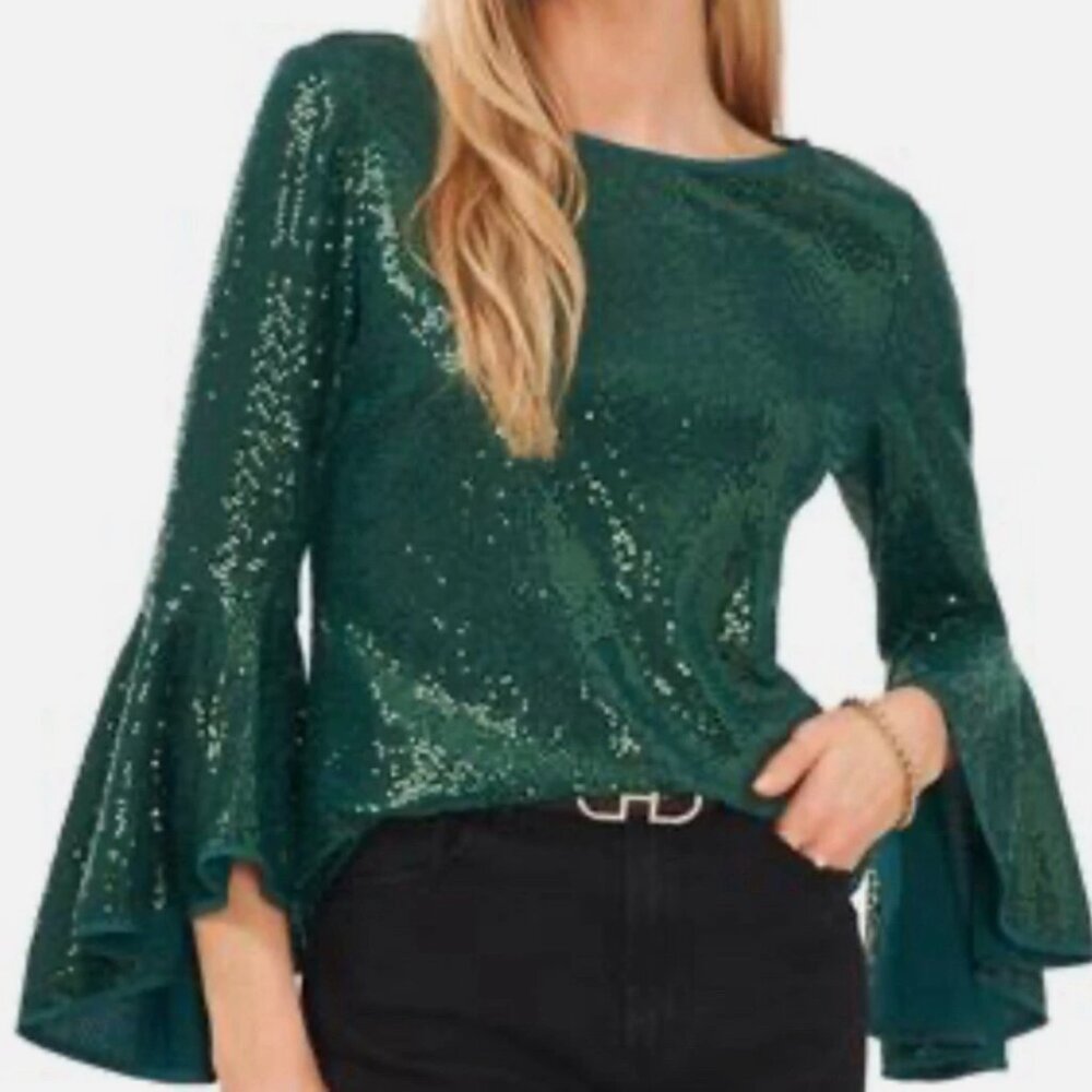 Vince Camuto size Medium Green Sequins Flare Sleeve Stretch Top Evening Festival